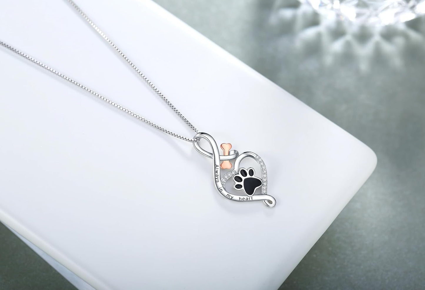 Lucky Paw Necklace with Heart, Bone & Infinity – “Always in My Heart” Pendant