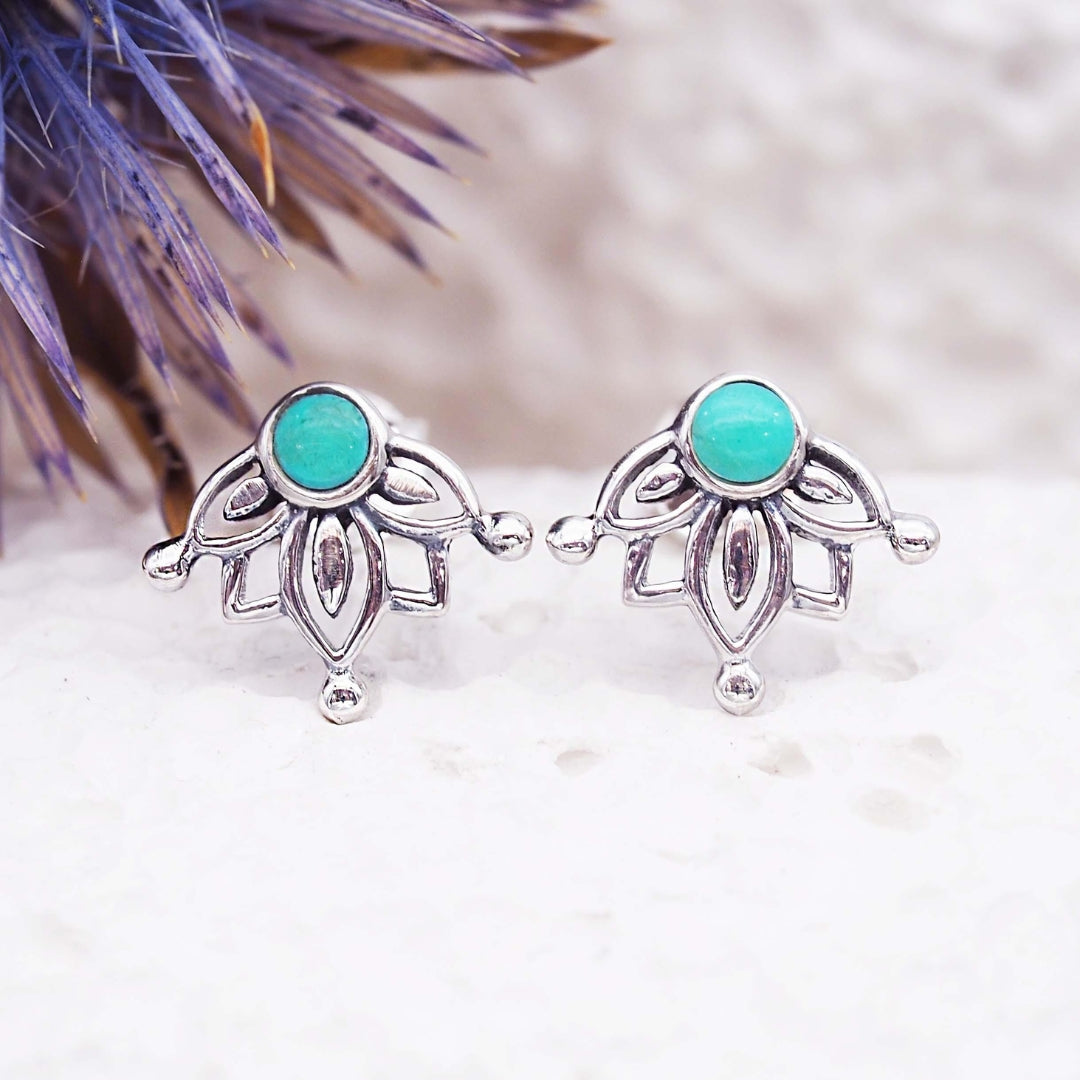 Lotus Turquoise Stone Silvered Earrings