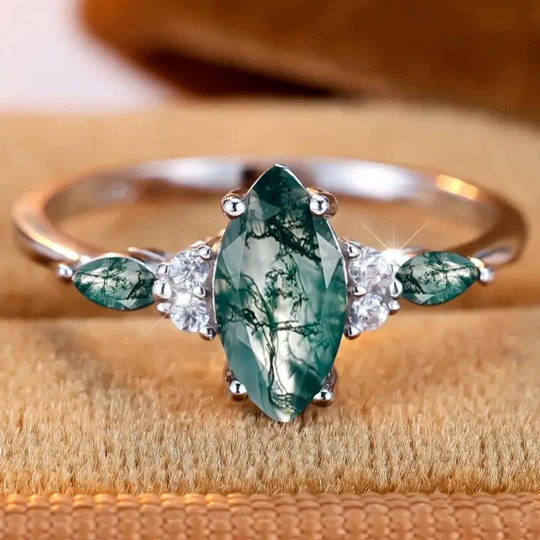 Moss Agate Oval Silver Ring