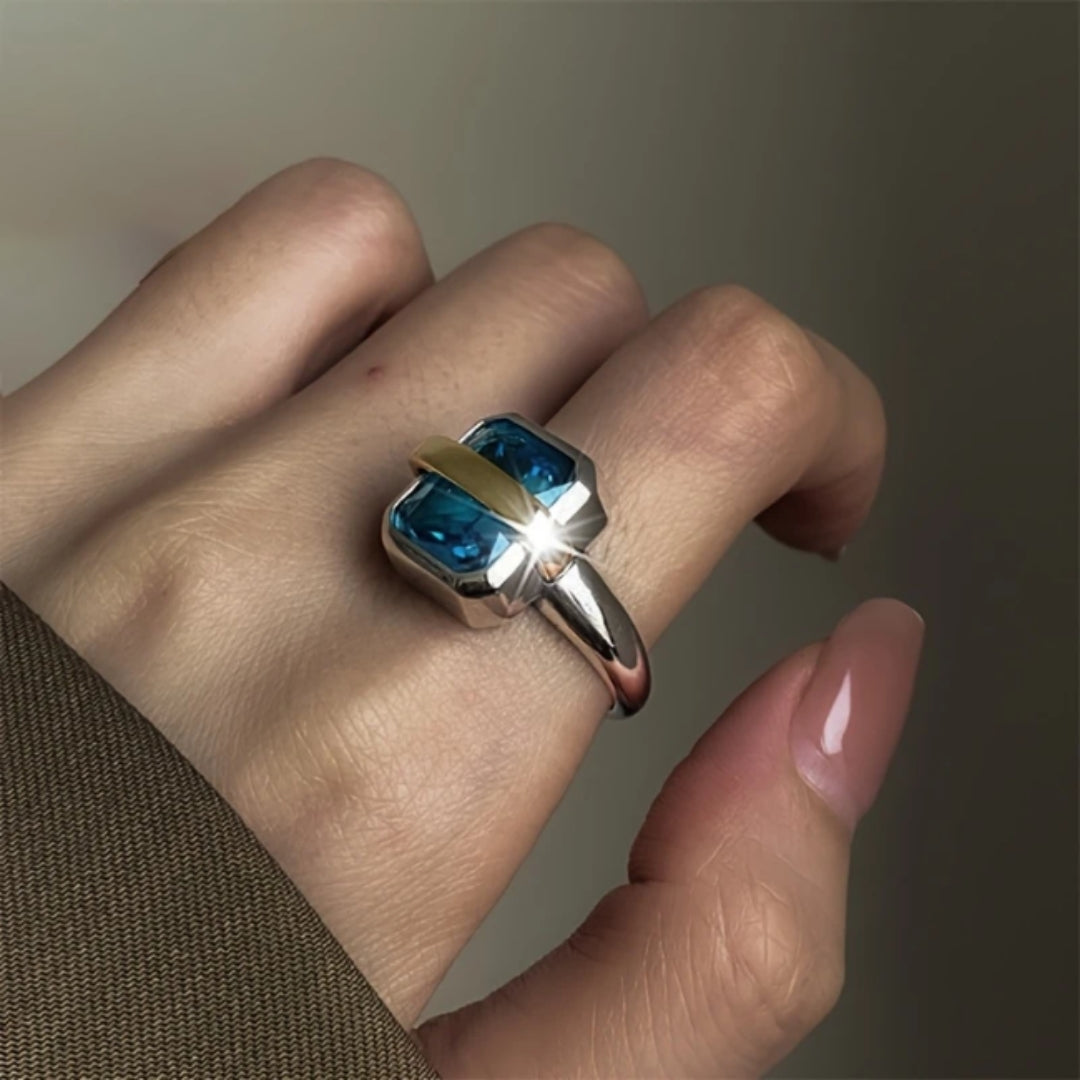 Silvered Blue Cubic Crystal Ring