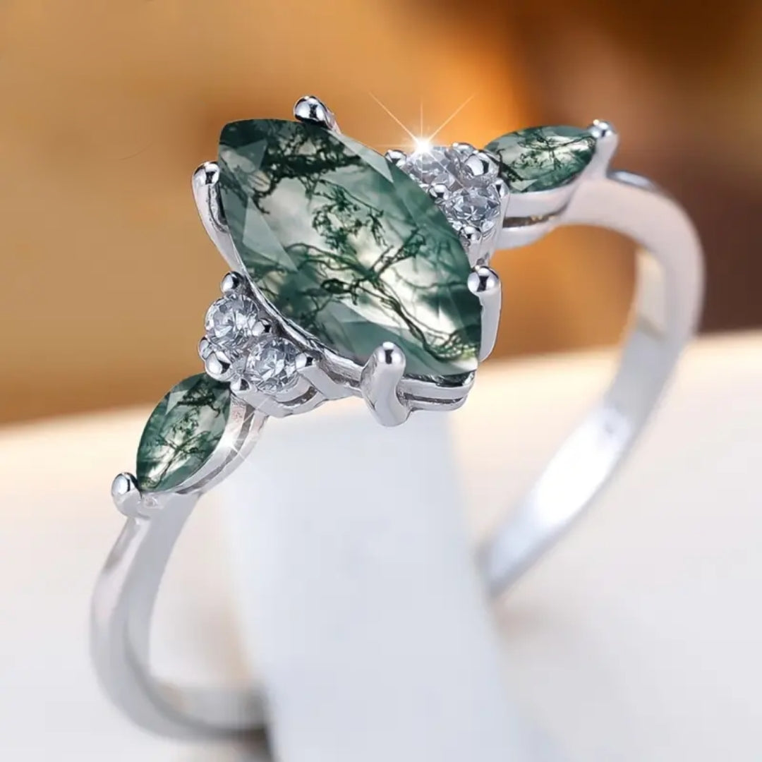 Green Stone Oval Silvered Ring