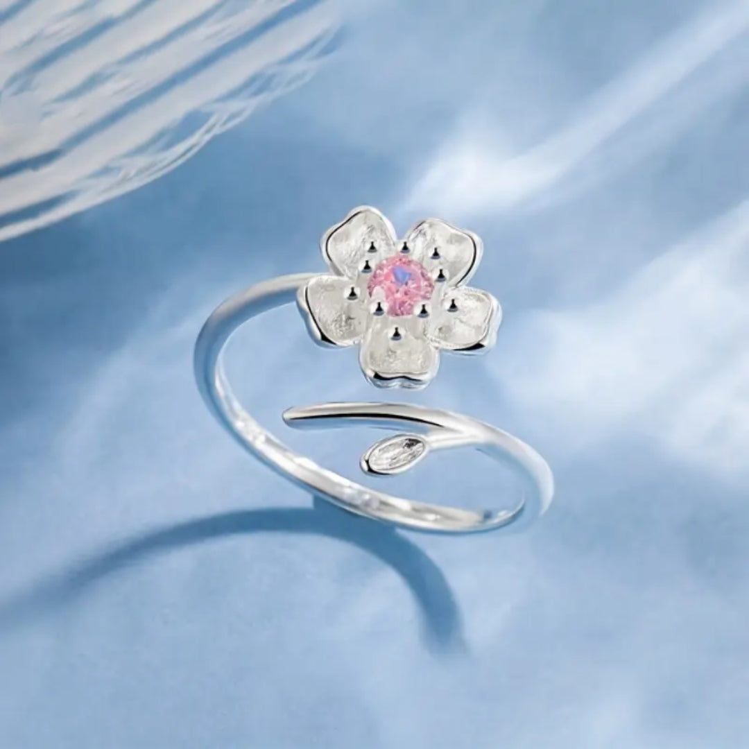 Adjustable Pink Blossom Silvered Ring