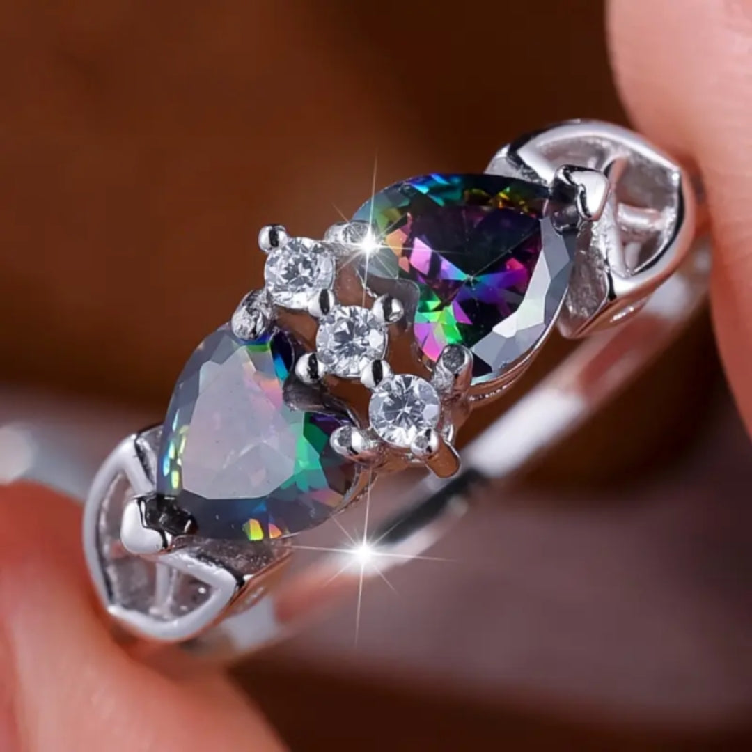 Colorful Inlaid Heart Glass Silver Ring