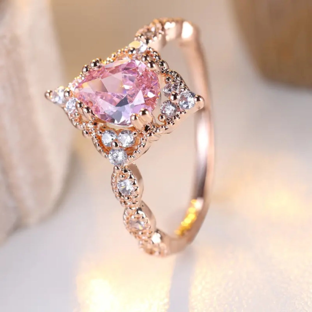 Pink Crystal Drop Gold Ring