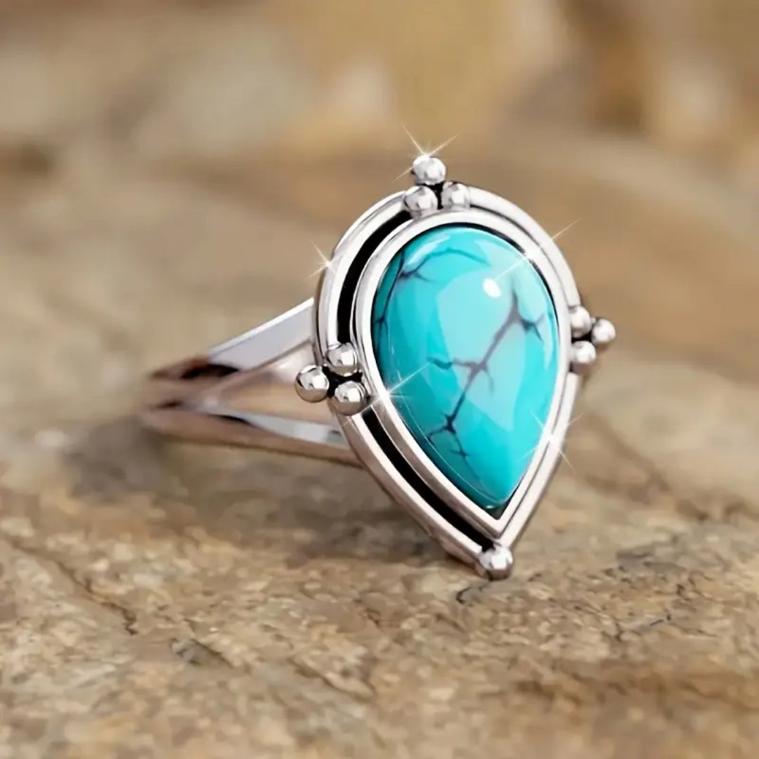 Blue Inlaid Oval Drop Stone Silver Ring