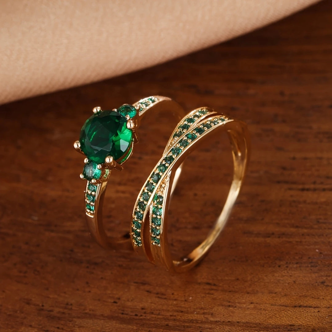 Inlaid Green Crystal Gold Ring Set
