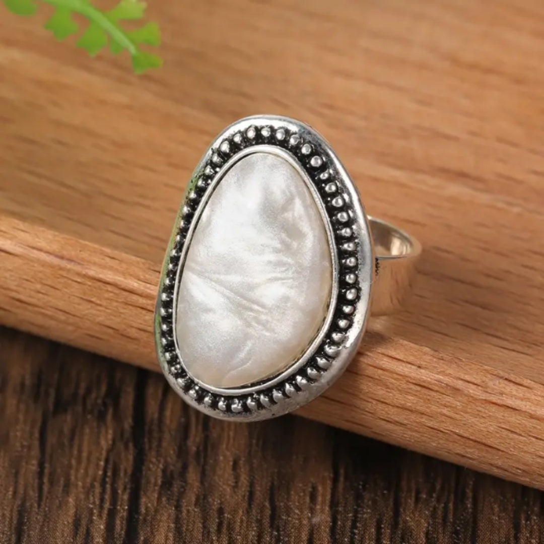 White Stone Oval Silvered Ring