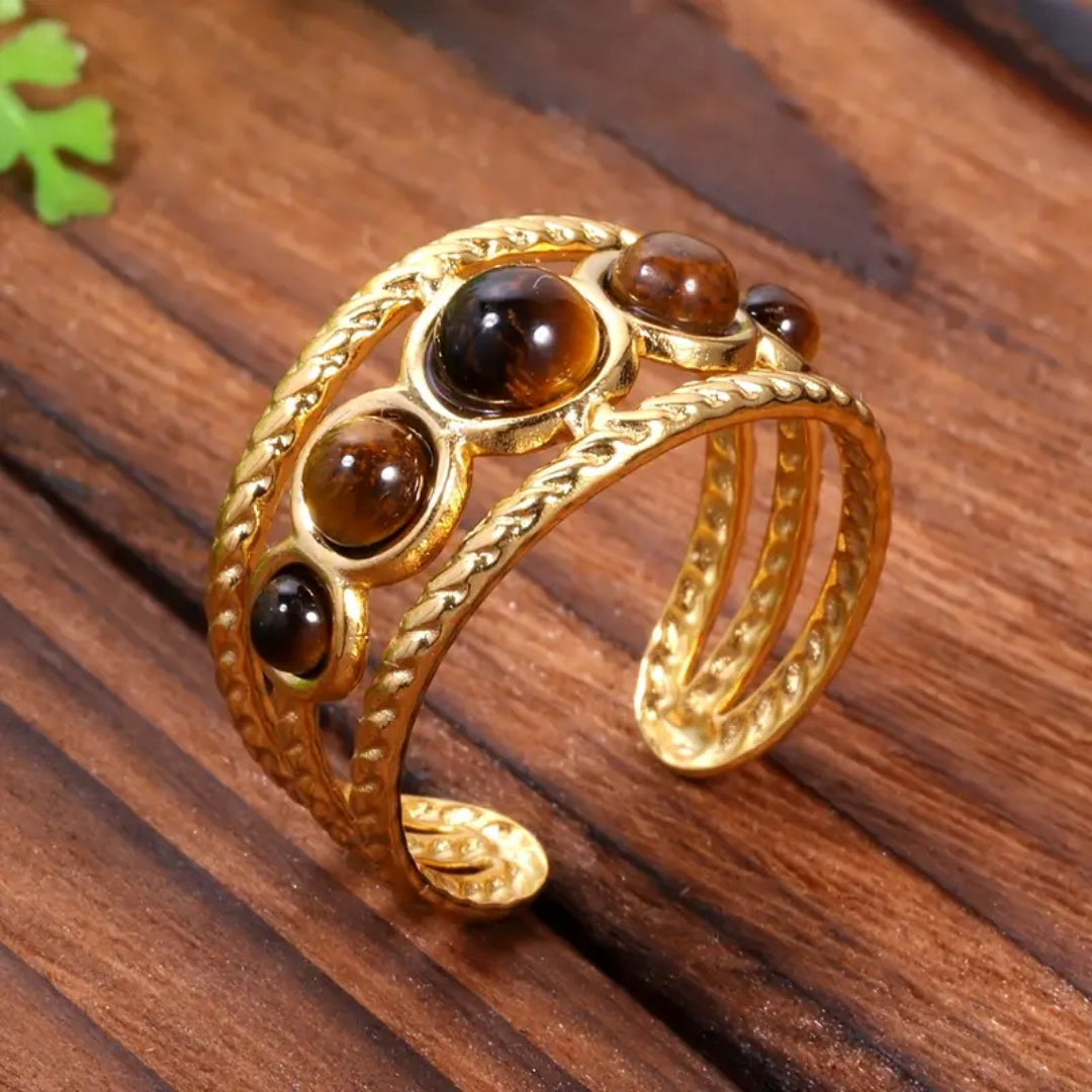 Adjustable Tiger Eye Stone Gold Ring