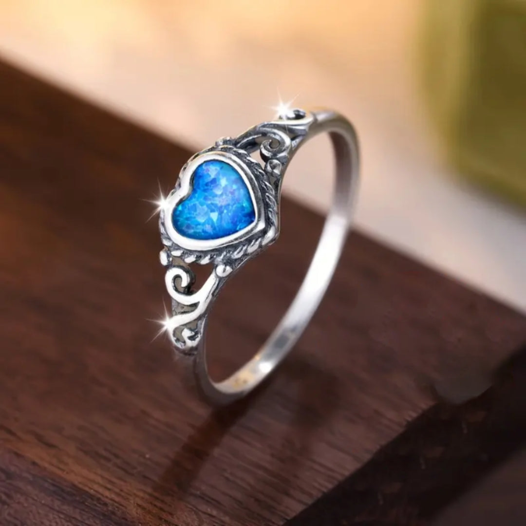 Blue Opal Heart Silver Ring