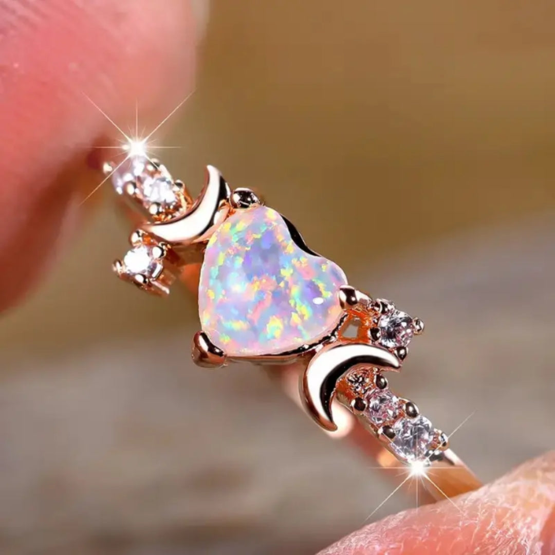 White Opal Moon Ring
