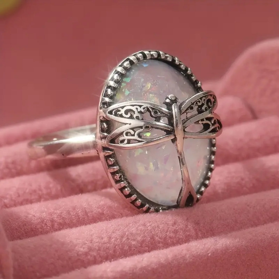 White Opal Dragonfly Silver Ring