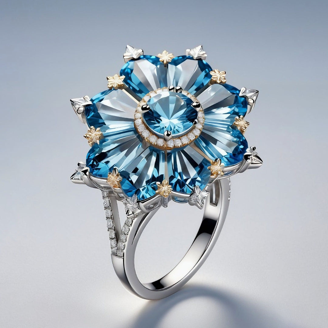 Exotic Crystal Flower Silvered Ring