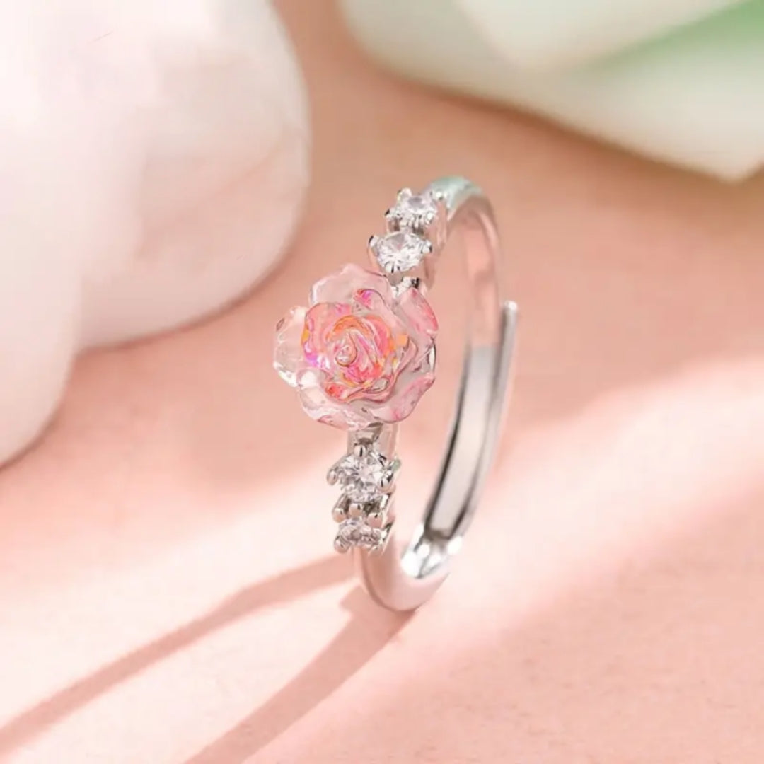 Pink Rose Silver Zirconia Ring