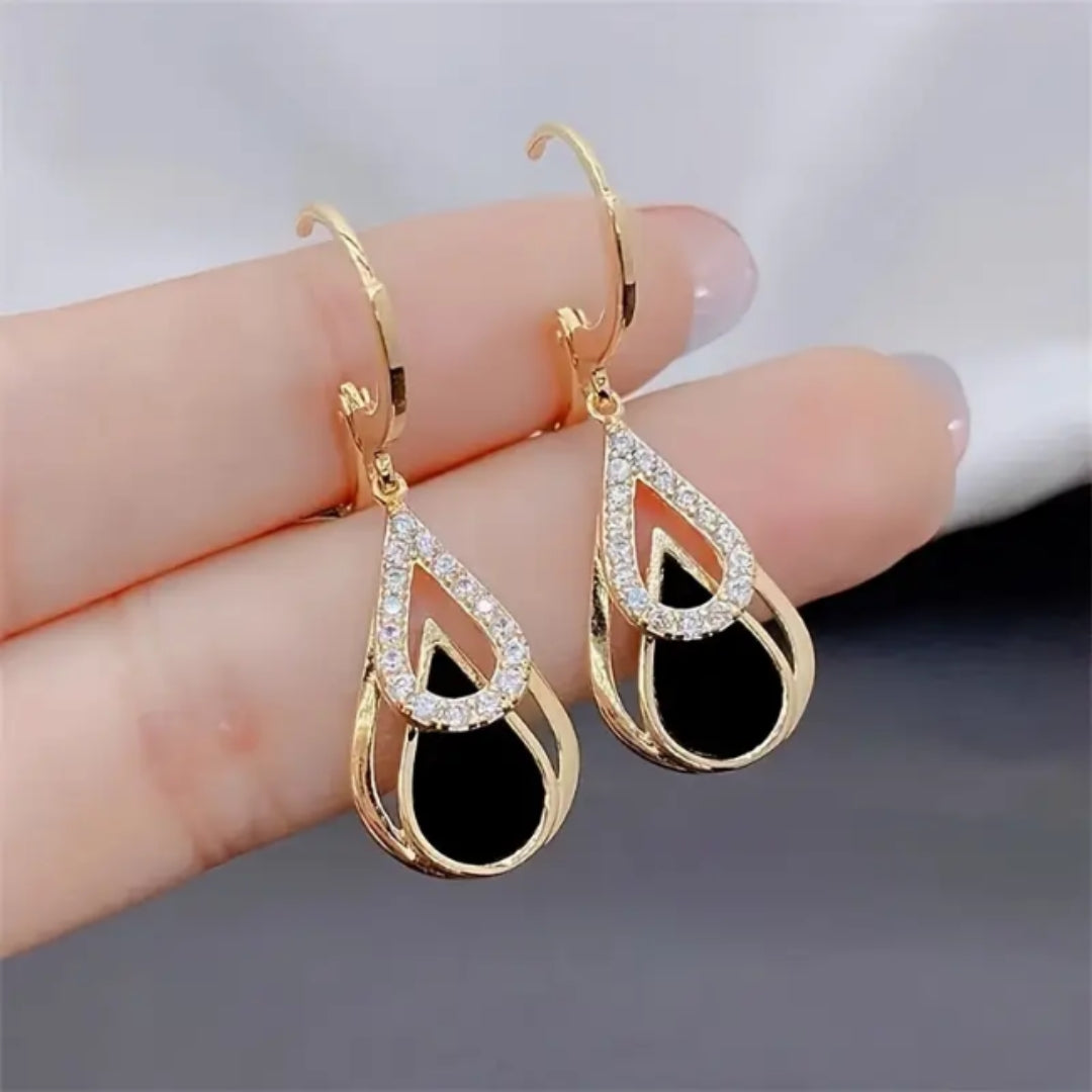 Black Drop Zirconia Gold Earrings