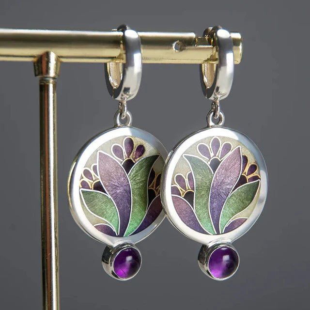 Vintage Boho Earrings with Purple Crystals | White Gold