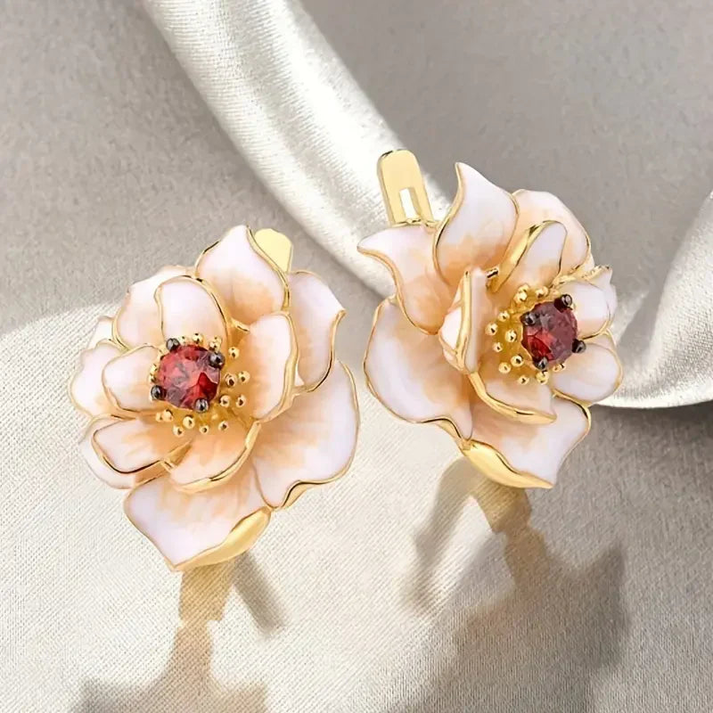 White Flower Red Zirconia Earrings | Gold