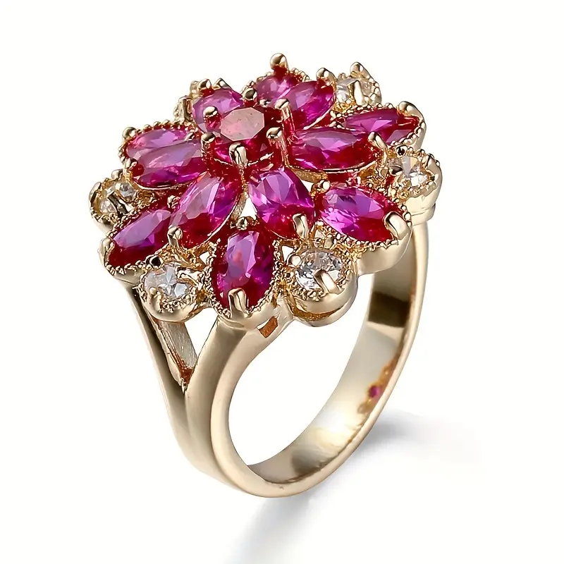 Vintage Garnet Crystal Flower Gold Ring