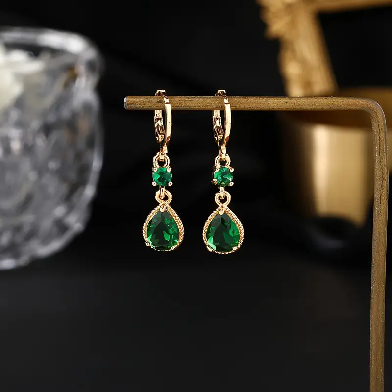 Green Dangling Zirconia Gold Earrings