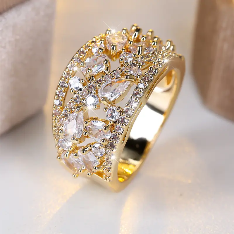White Crystals Hollow Gold Ring