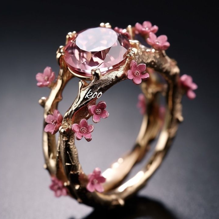 Exotic Golden Crystal Pink Flower Ring
