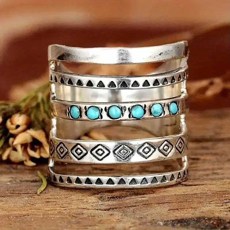 Turquoise Beads Layered Silver Ring