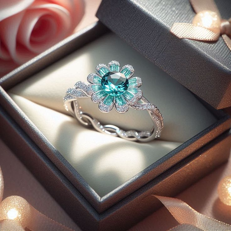 Turquoise Crystal Flower Ring