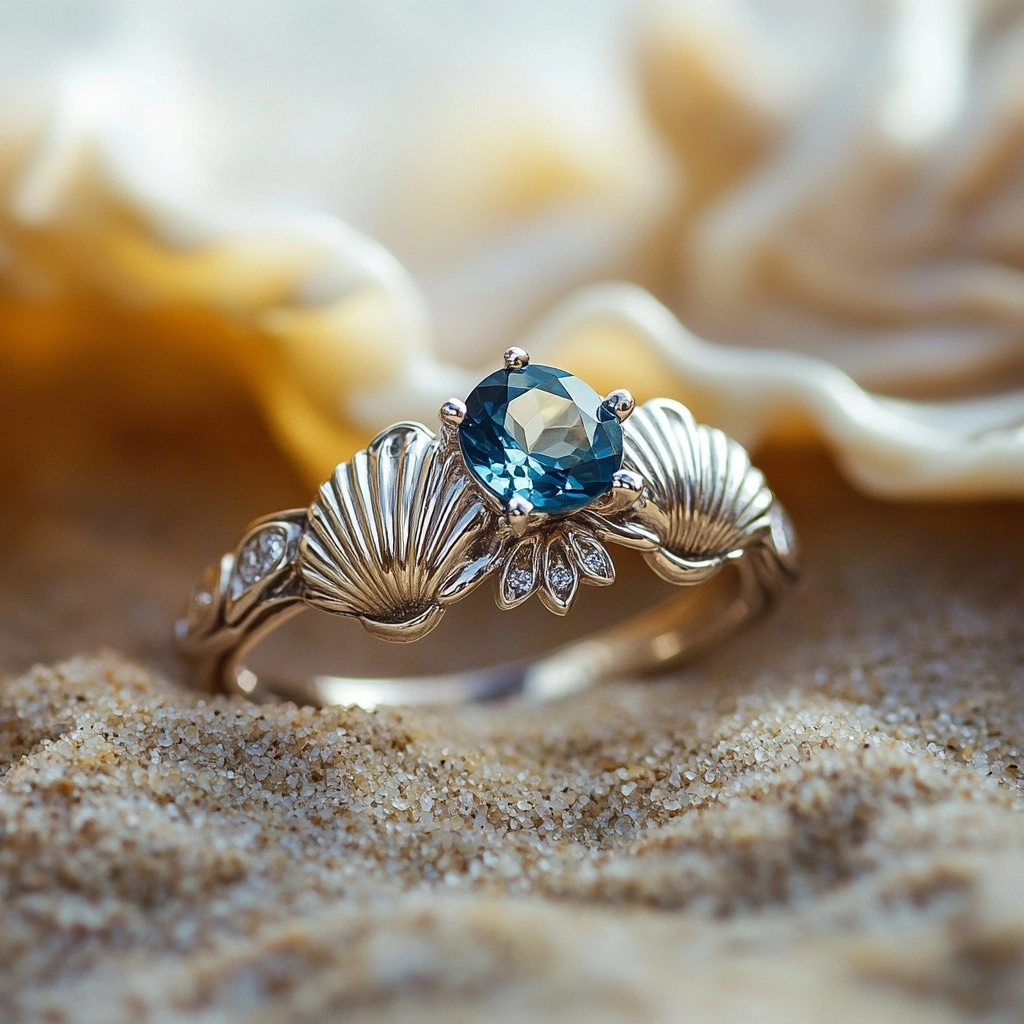 Ocean Shell Blue Crystal Silver Ring
