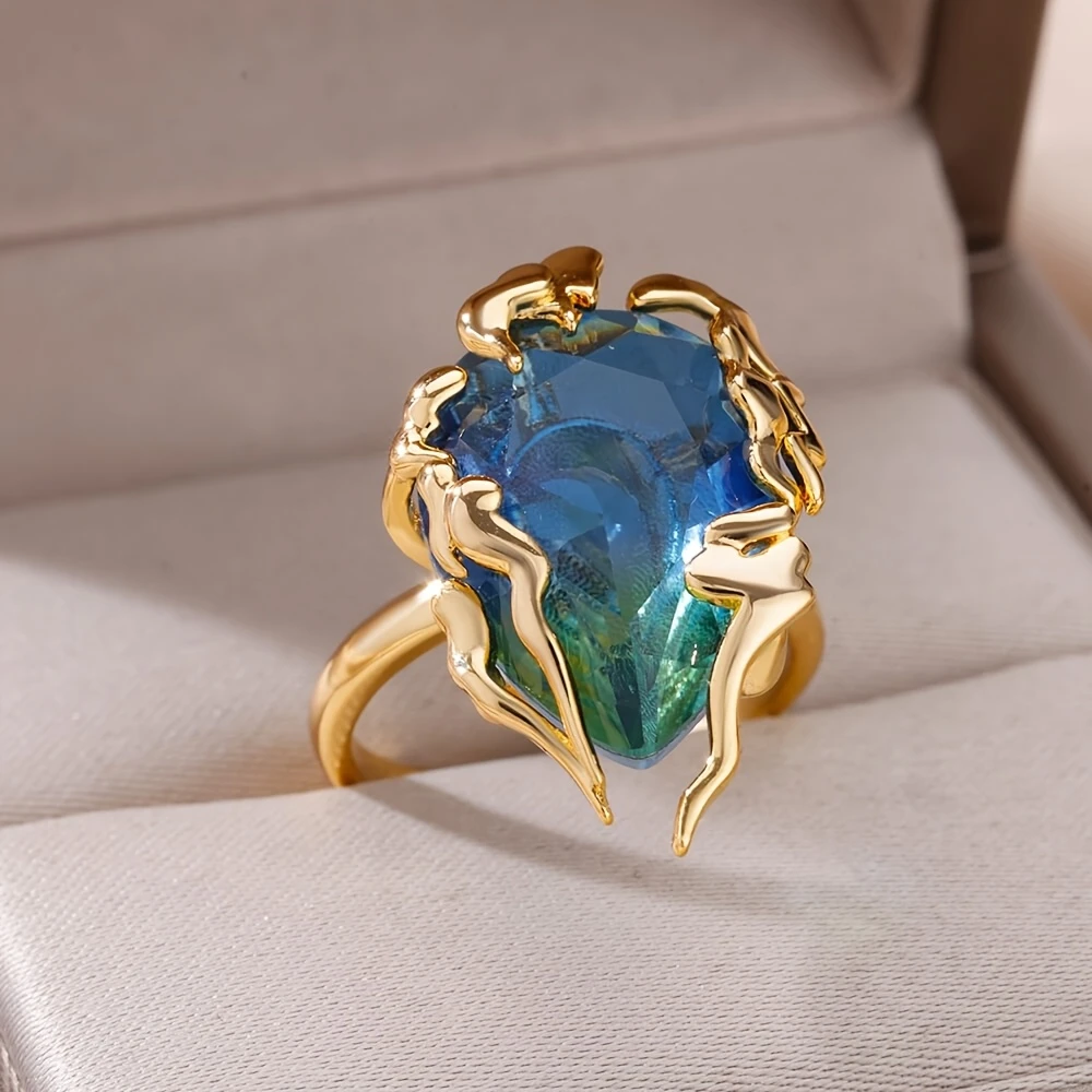 Blue Green Stone Gold Forged Ring