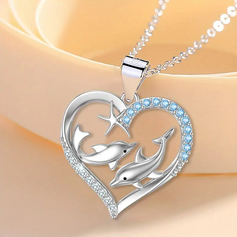 Silvered Dolphins Bright Heart Necklace