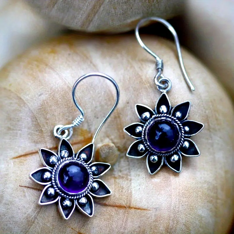 Blue Flower Stone Silvered Earrings