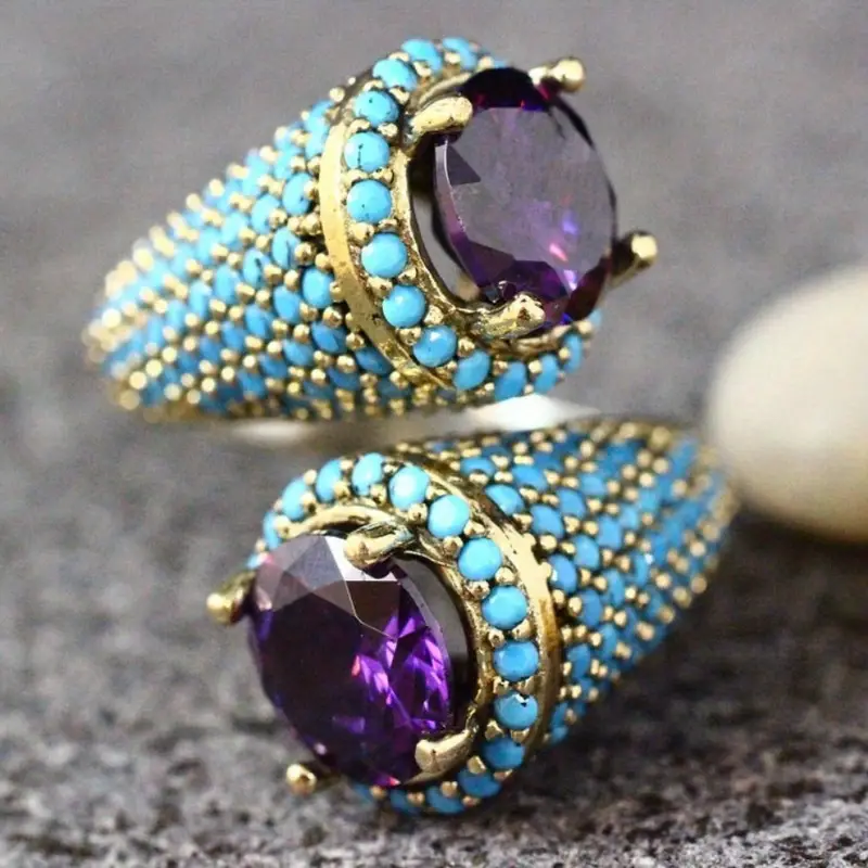 Adjustable Inlaid Blue Stones Purple Crystal Ring