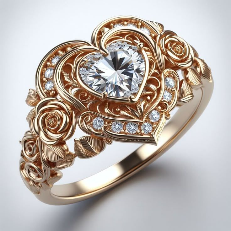 Exotic Crystal Heart Gold Ring
