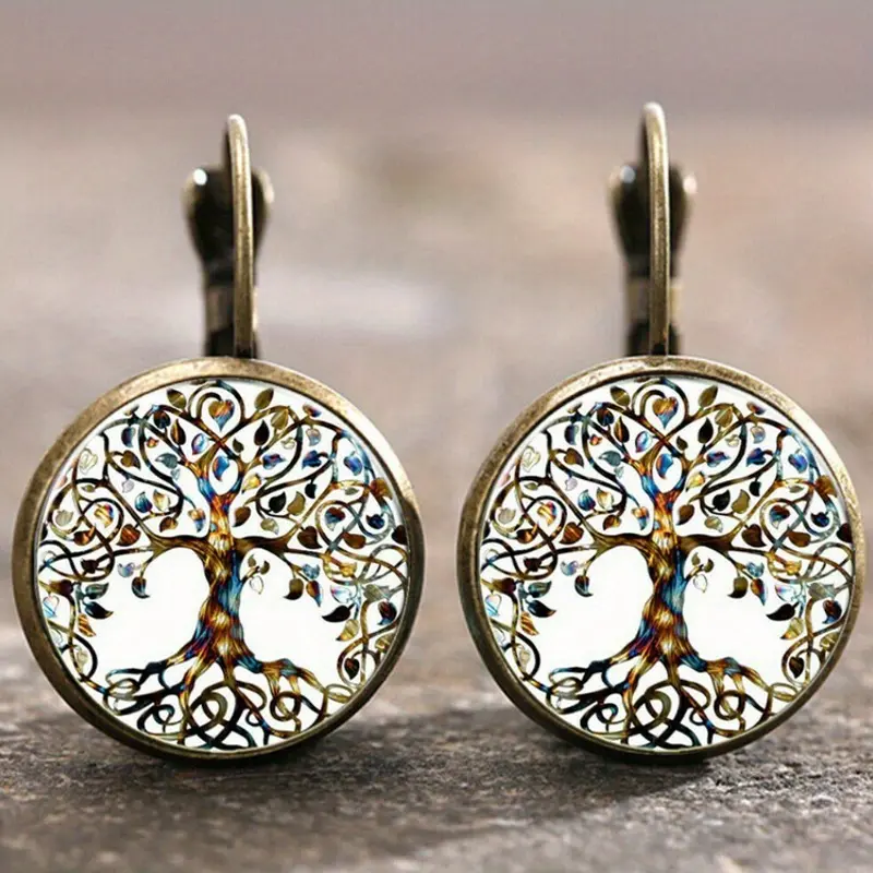 Vintage White Rounded Tree of Life Earrings