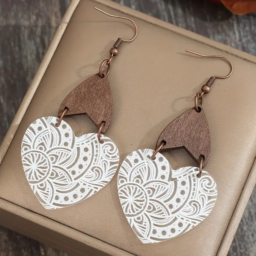 White Heart Brown Earrings