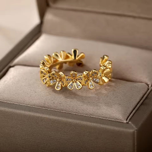 Adjustable Zirconia Blossom Gold Ring