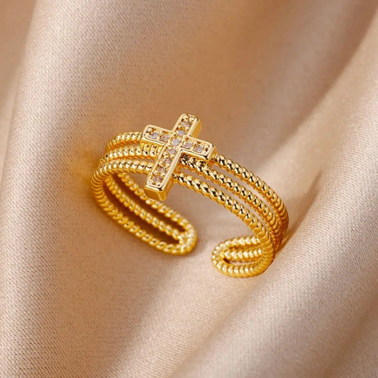 Adjustable Layered Golden Beads Cross Ring