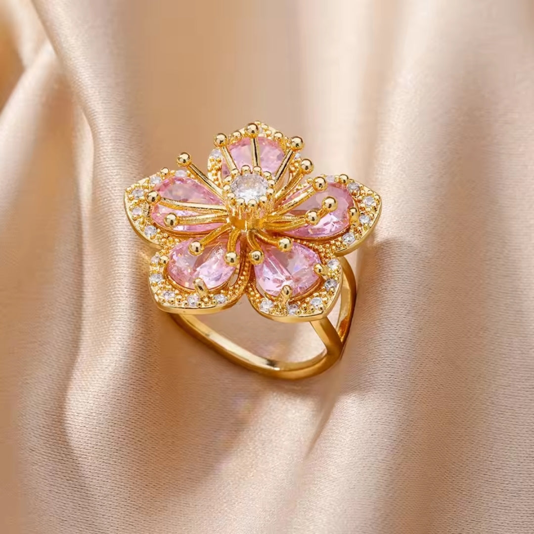 Gold Pink Crystal Flower Ring