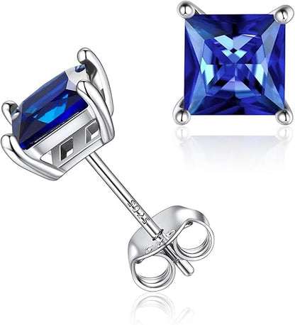 Minimalist Princess Cut Sapphire Stud Earrings | White Gold