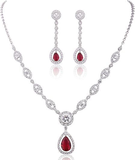 Ruby Halo Necklace and Earrings Set | White Gold