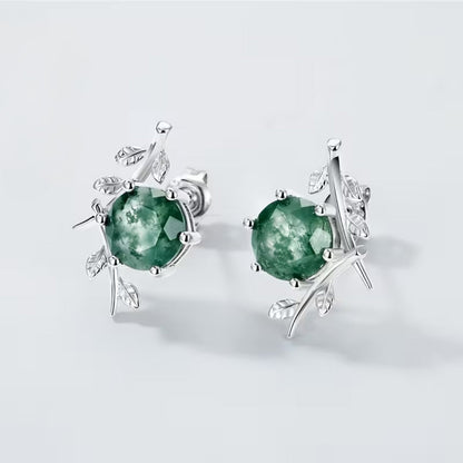 Moss Agate Silver Leaf Stud Earrings