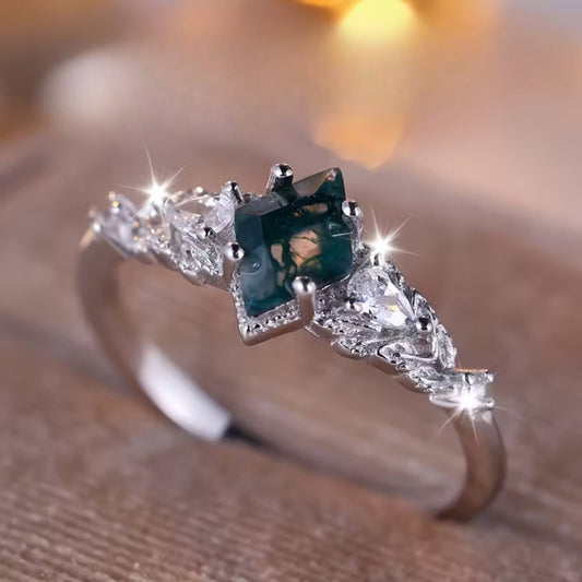 Moss Agate Stone Bright Silver Ring
