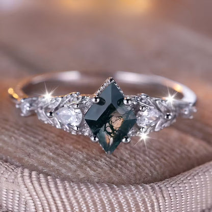 Moss Agate Stone Bright Silver Ring