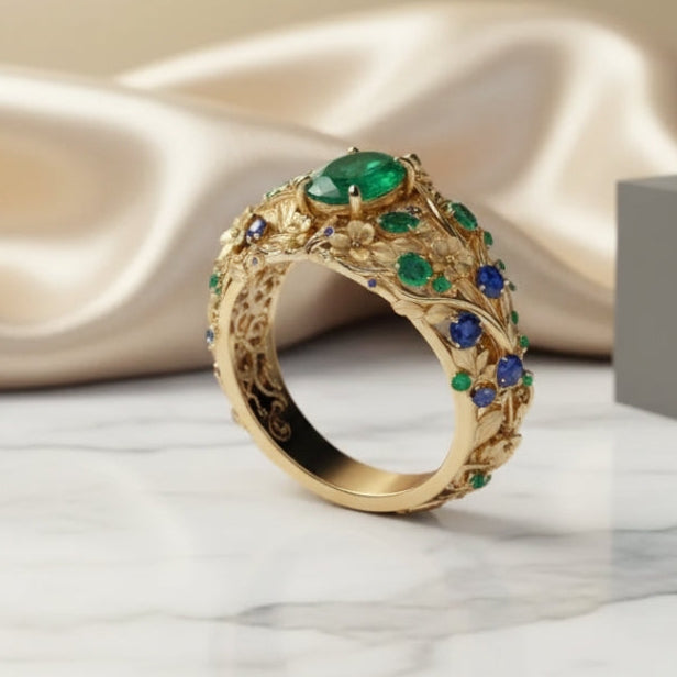 Green & Blue Crystal Gold Ring