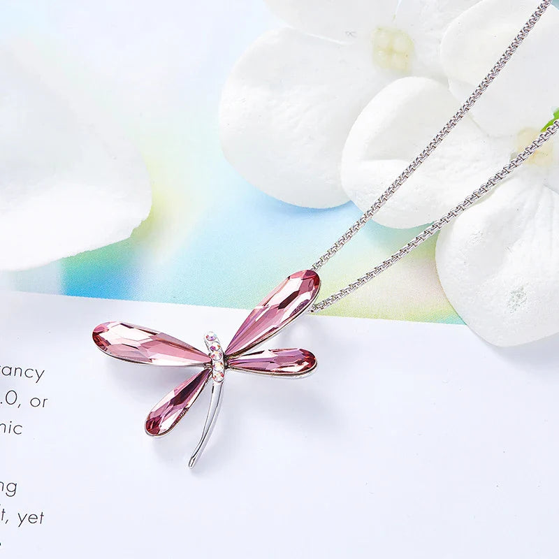 Pink Dragonfly Crystal Pendant Necklace