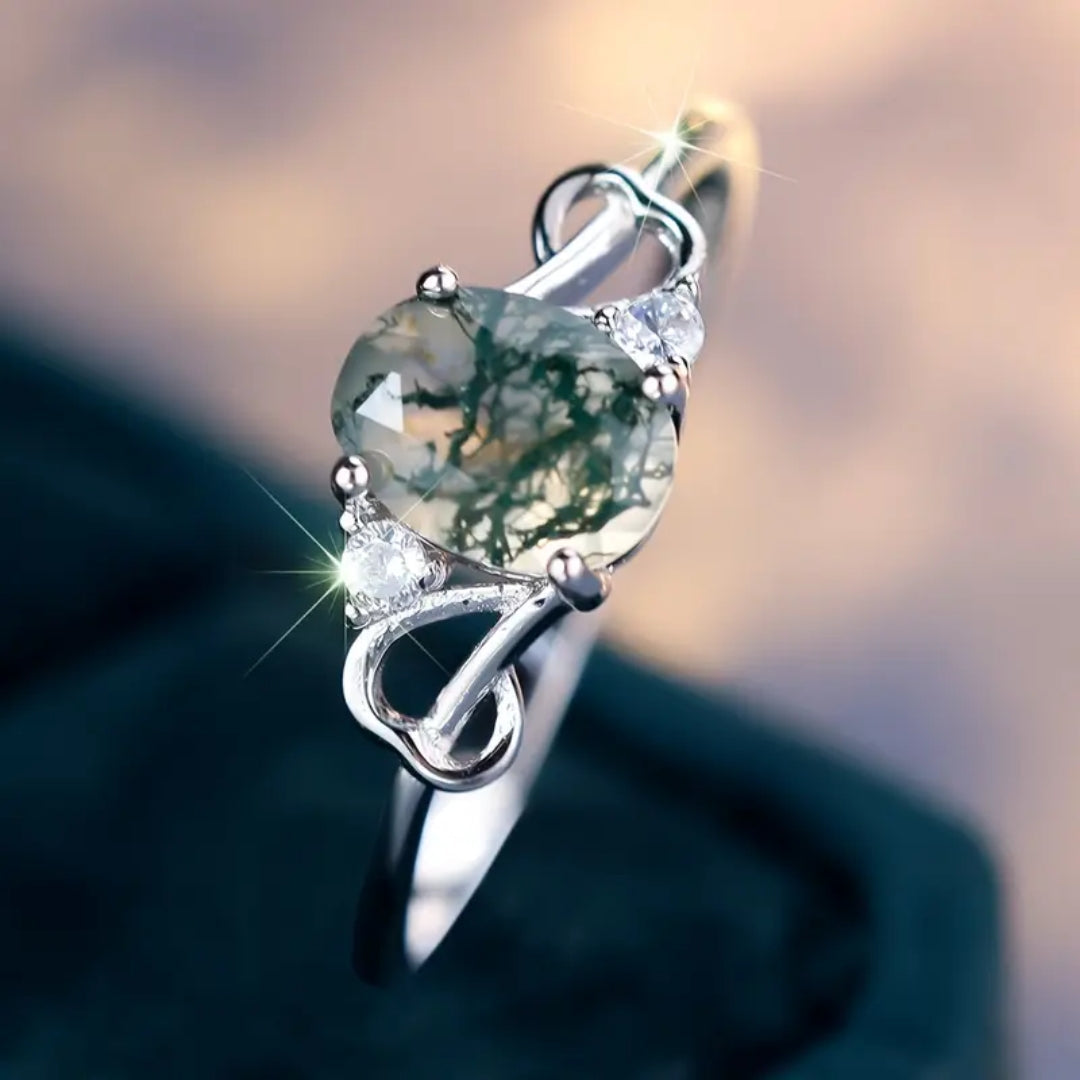 Moss Agate Rounded Crystal Ring