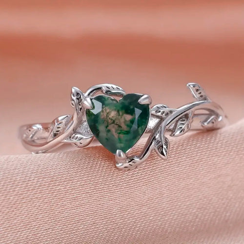 Moss Agate Heart Silver Ring