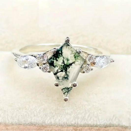 Moss Agate Crystal Silver Ring