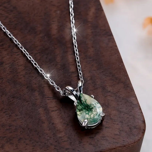 Moss Agate Nature Drop Silver Necklace