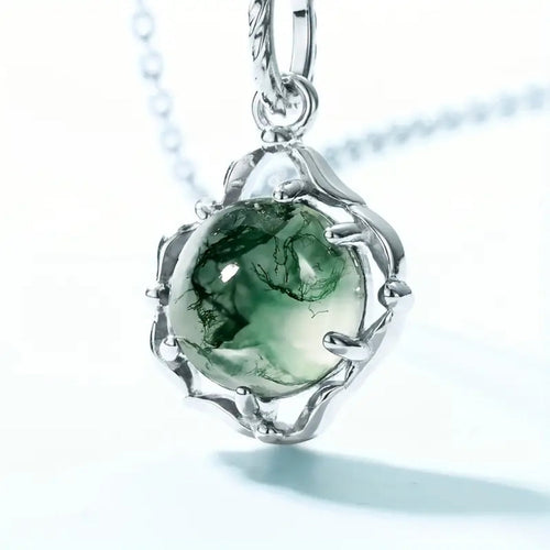 Moss Agate Nature Rounded Silver Necklace