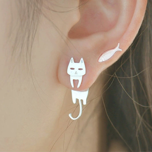 Silver Climbing Kitty Earring